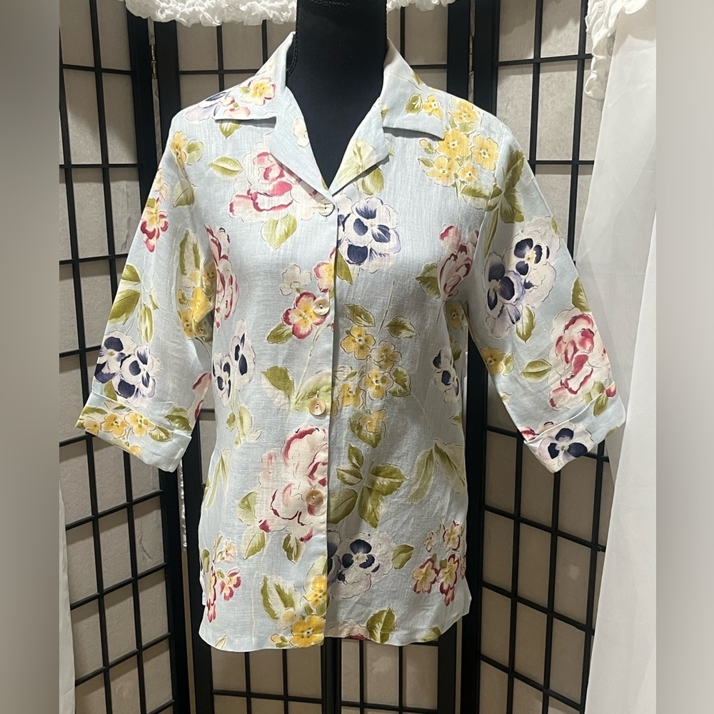 DAVID DART LINEN Floral Button-Up Shirt with Three-Quarter Sleeves, SIZE PS